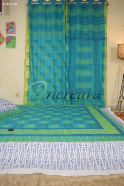 White Teal Ikkhat bed cover