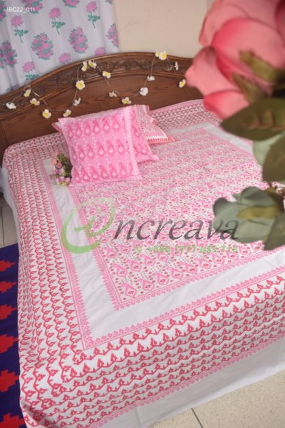 White Jamdani Pink Shade Bed Cover
